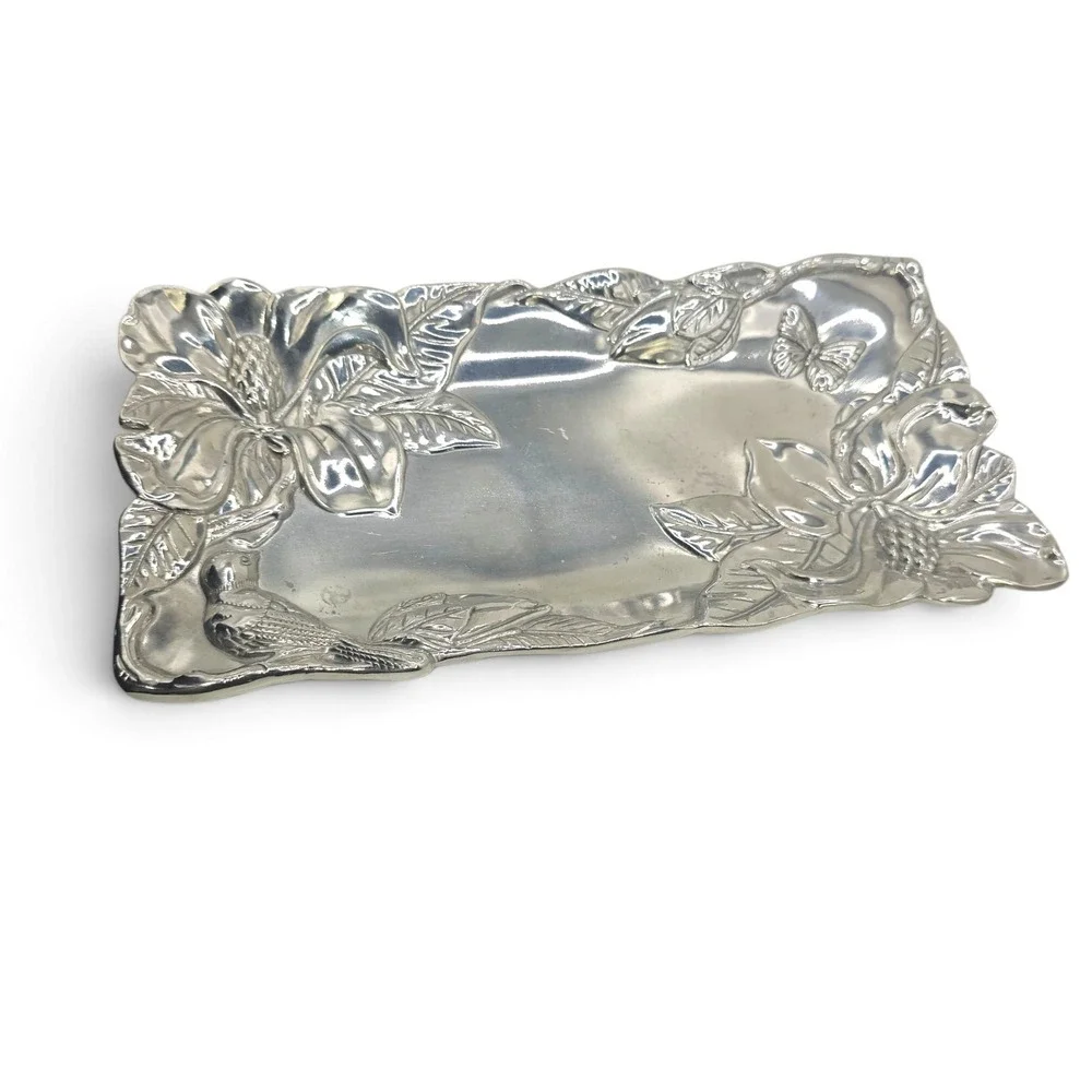 Arthur Court Aluminum Magnolia Bird Butterfly Oblong Serving Tray 2000 Vintage